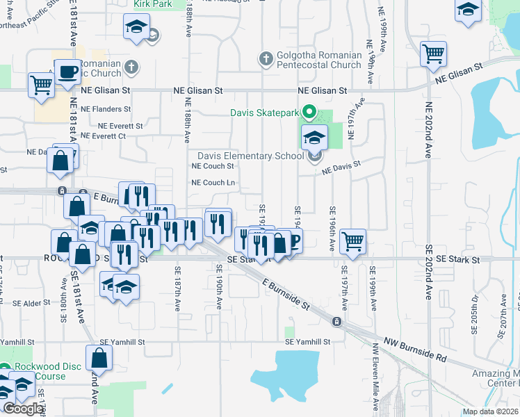 map of restaurants, bars, coffee shops, grocery stores, and more near 19 Southeast 192nd Avenue in Portland