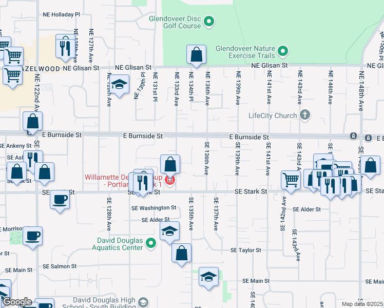 map of restaurants, bars, coffee shops, grocery stores, and more near 13452 East Burnside Street in Portland