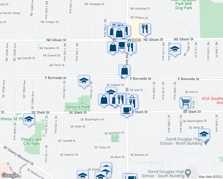 map of restaurants, bars, coffee shops, grocery stores, and more near 11933 Southeast Ankeny Street in Portland