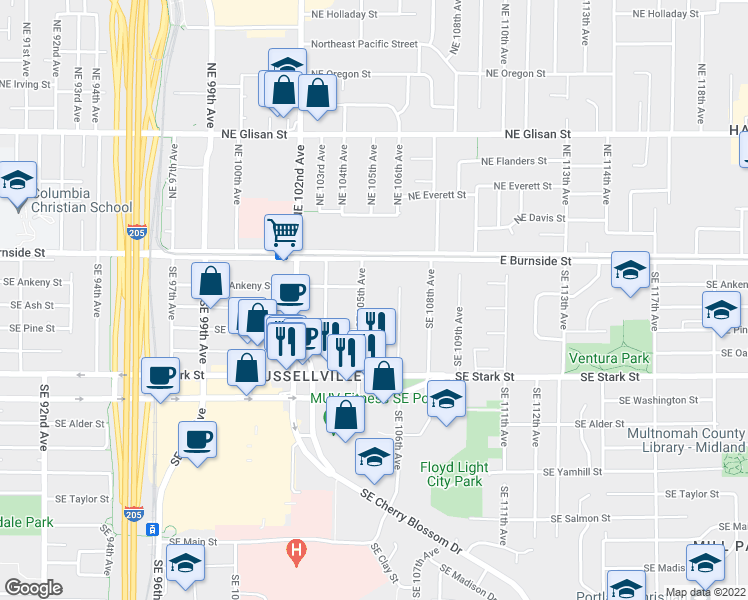 map of restaurants, bars, coffee shops, grocery stores, and more near 10548 East Burnside Street in Portland