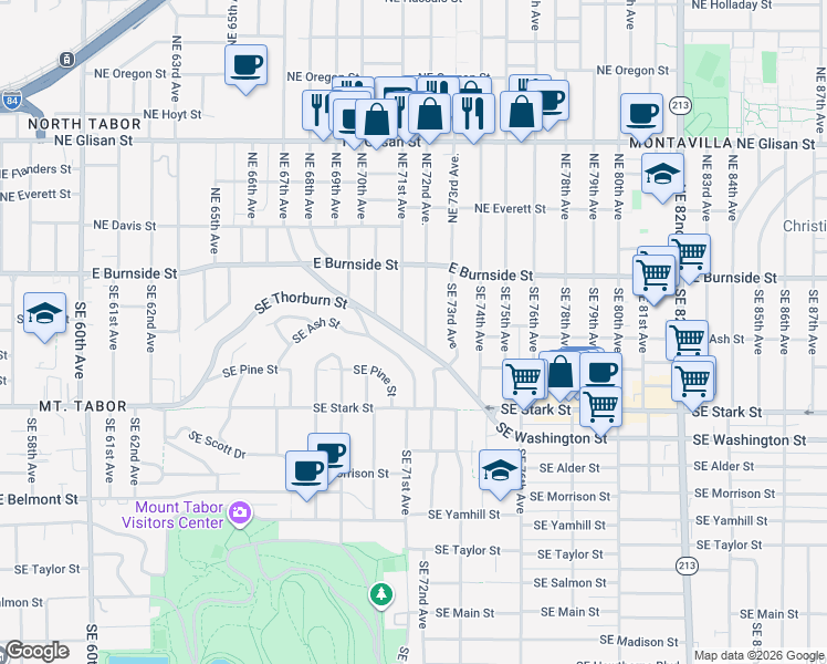 map of restaurants, bars, coffee shops, grocery stores, and more near 7081 Southeast Thorburn Street in Portland