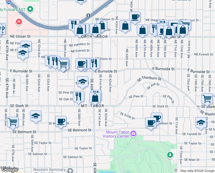map of restaurants, bars, coffee shops, grocery stores, and more near 102 Southeast 62nd Avenue in Portland