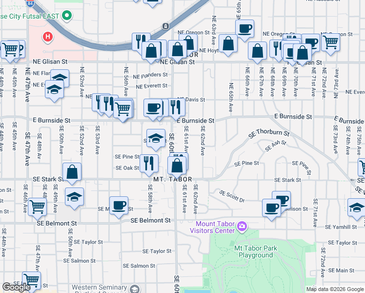 map of restaurants, bars, coffee shops, grocery stores, and more near 51 Southeast 61st Avenue in Portland