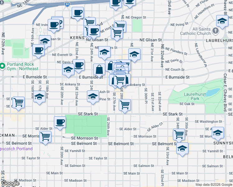 map of restaurants, bars, coffee shops, grocery stores, and more near 2640 Southeast Ankeny Street in Portland