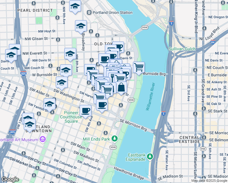 map of restaurants, bars, coffee shops, grocery stores, and more near 108 Southwest 3rd Avenue in Portland