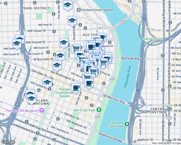 map of restaurants, bars, coffee shops, grocery stores, and more near 319 Southwest Pine Street in Portland