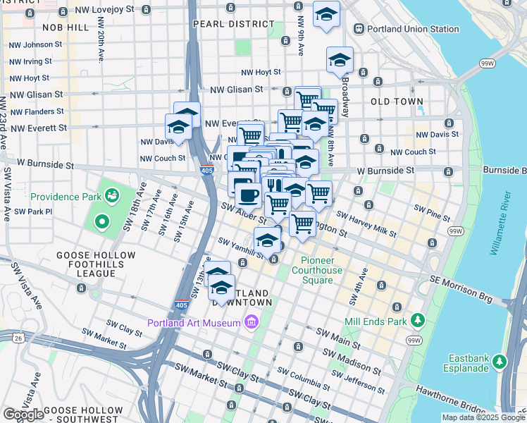 map of restaurants, bars, coffee shops, grocery stores, and more near 511 Southwest 10th Avenue in Portland