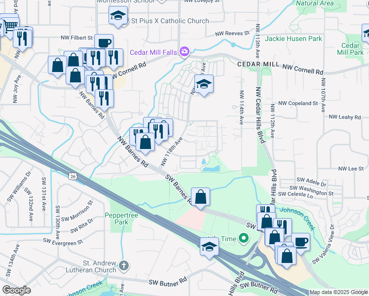 map of restaurants, bars, coffee shops, grocery stores, and more near 11785 Northwest Timberview Lane in Portland