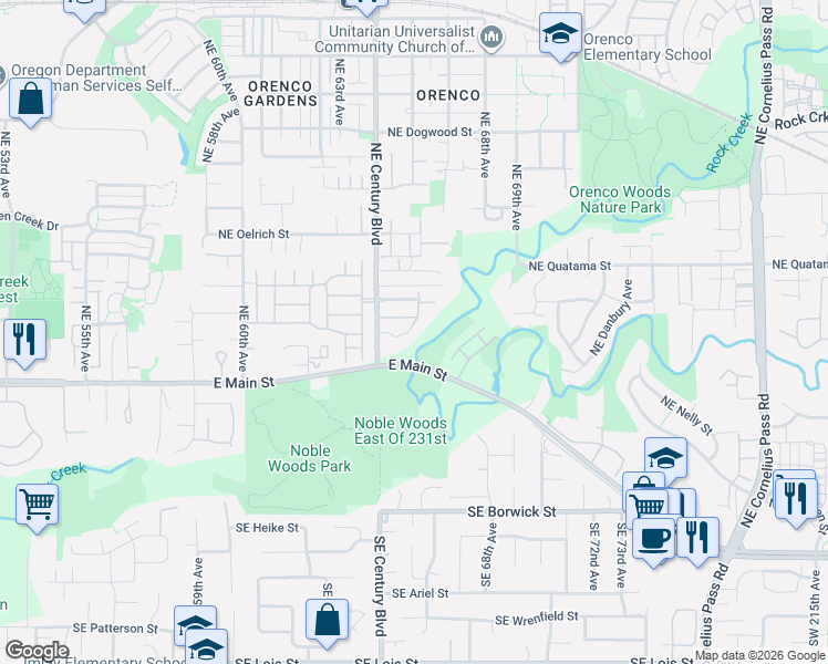 map of restaurants, bars, coffee shops, grocery stores, and more near 198 Northeast 66th Avenue in Hillsboro