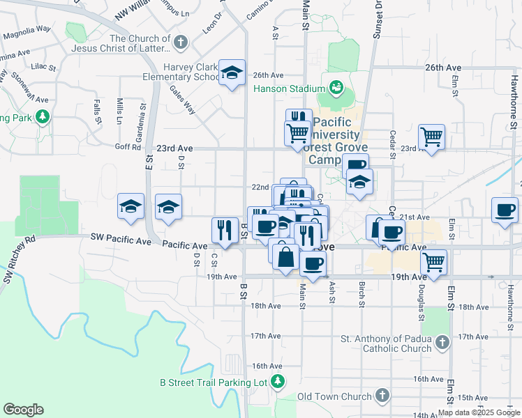 map of restaurants, bars, coffee shops, grocery stores, and more near 2138 A Street in Forest Grove