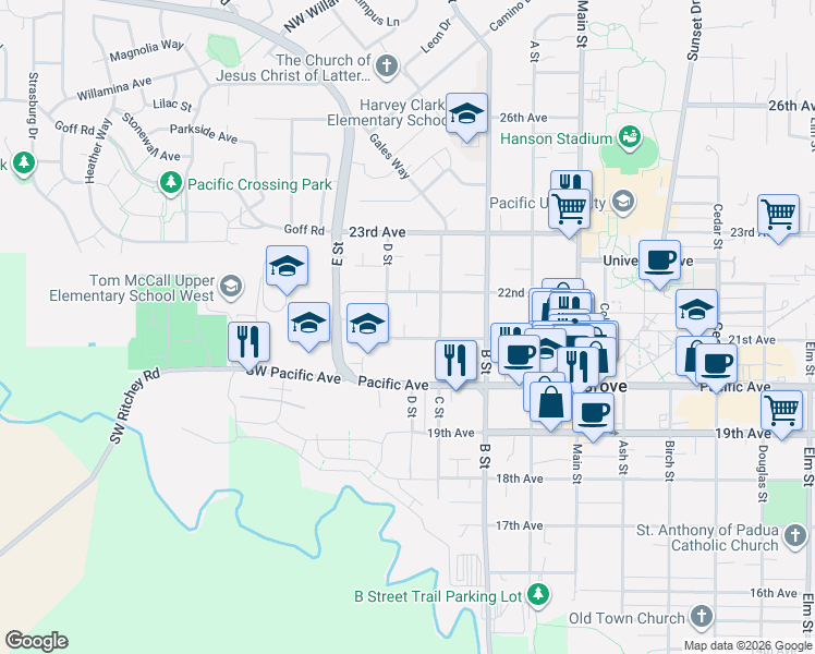map of restaurants, bars, coffee shops, grocery stores, and more near 1626 22nd Avenue in Forest Grove