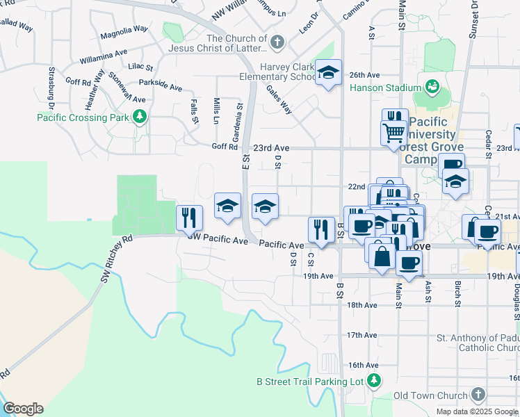 map of restaurants, bars, coffee shops, grocery stores, and more near 2136 D Street in Forest Grove