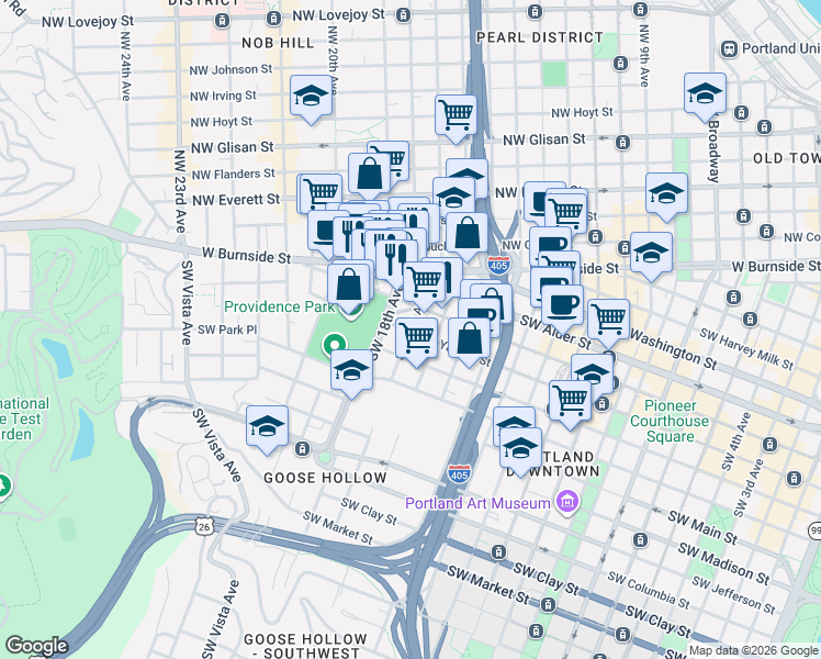 map of restaurants, bars, coffee shops, grocery stores, and more near 777 SW 17th Ave in Portland