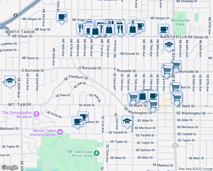 map of restaurants, bars, coffee shops, grocery stores, and more near 75 Southeast 72nd Avenue in Portland