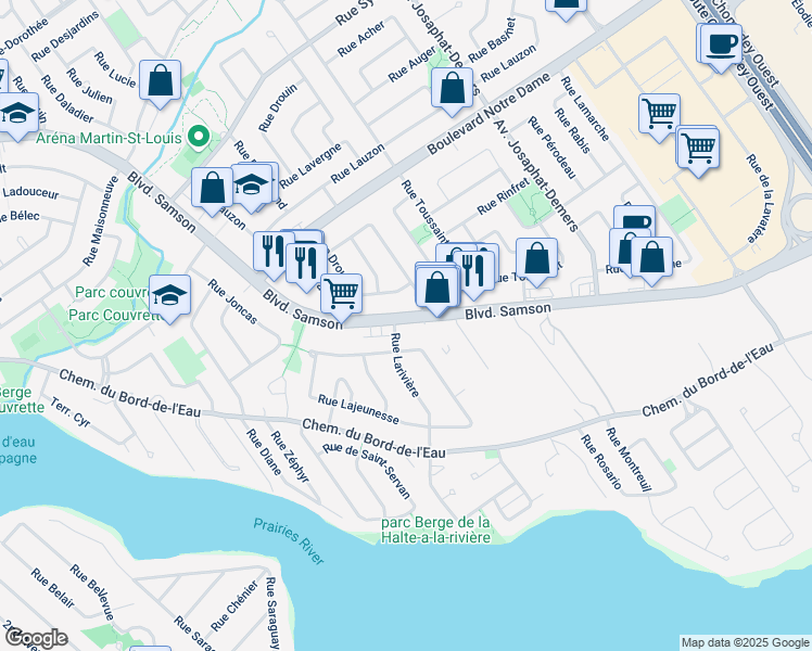map of restaurants, bars, coffee shops, grocery stores, and more near 276 Boulevard Samson in Laval