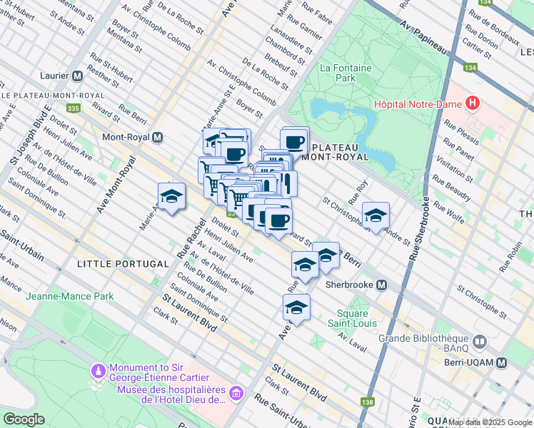 map of restaurants, bars, coffee shops, grocery stores, and more near 4007 Rue Rivard in Montréal
