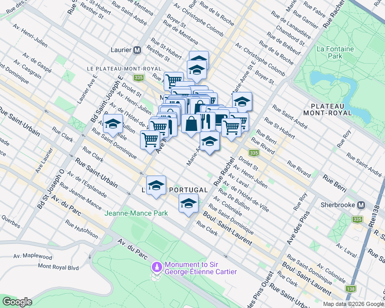 map of restaurants, bars, coffee shops, grocery stores, and more near 4352 Avenue Laval in Montréal