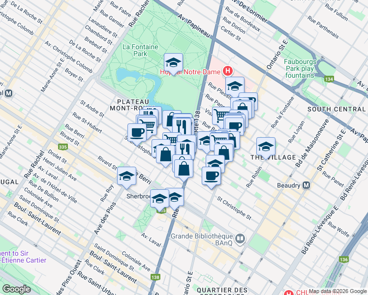 map of restaurants, bars, coffee shops, grocery stores, and more near 976 Rue Cherrier in Montréal