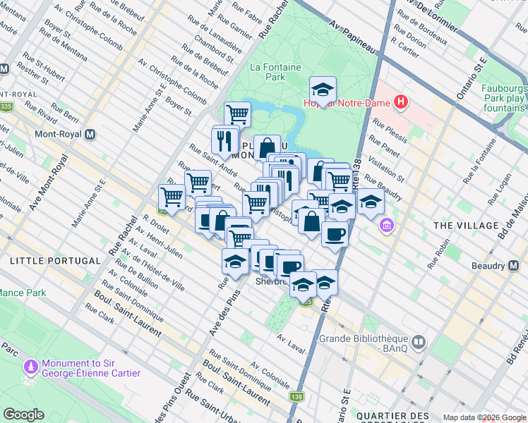 map of restaurants, bars, coffee shops, grocery stores, and more near 807 Rue Roy Est in Montréal