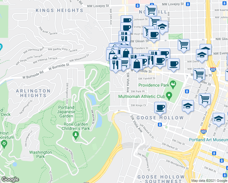 map of restaurants, bars, coffee shops, grocery stores, and more near Southwest Park Place & Southwest Douglas Place in Portland