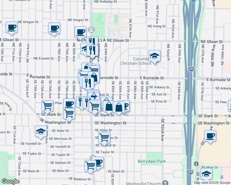 map of restaurants, bars, coffee shops, grocery stores, and more near 107 Southeast 86th Avenue in Portland