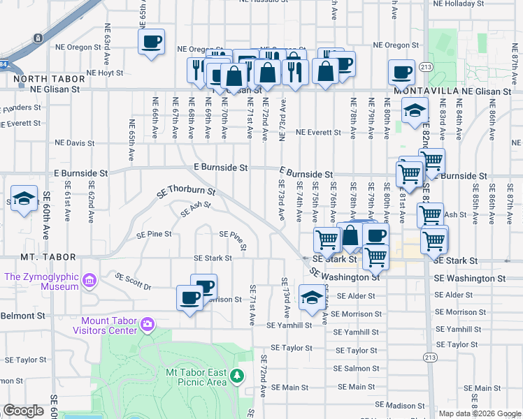 map of restaurants, bars, coffee shops, grocery stores, and more near 151 Southeast 72nd Avenue in Portland
