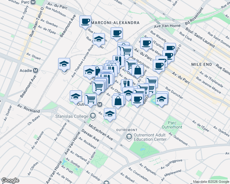 map of restaurants, bars, coffee shops, grocery stores, and more near 780 Avenue Champagneur in Montréal