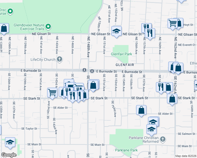 map of restaurants, bars, coffee shops, grocery stores, and more near 145 Southeast 151st Avenue in Portland