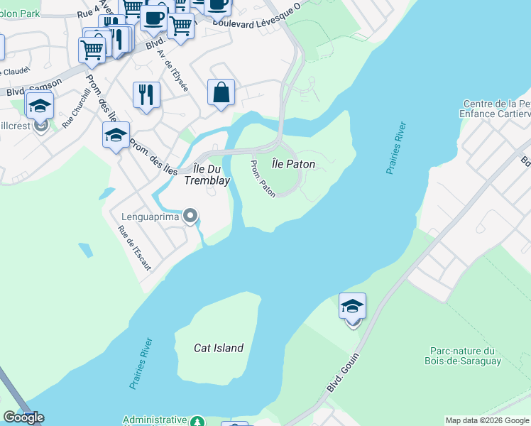 map of restaurants, bars, coffee shops, grocery stores, and more near 4560 Promenade Paton in Laval