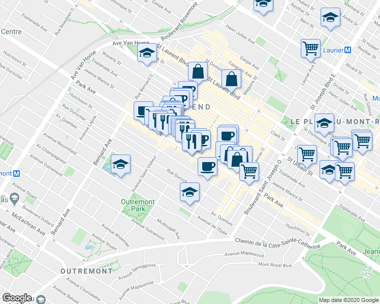 map of restaurants, bars, coffee shops, grocery stores, and more near 5325 Park Avenue in Montreal