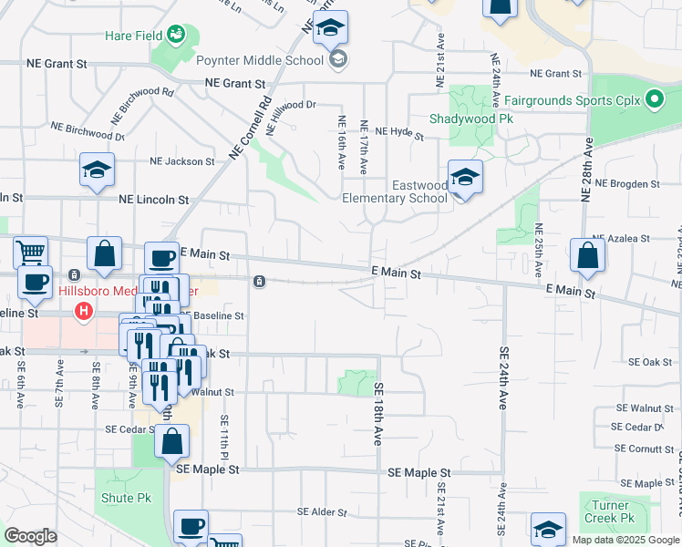 map of restaurants, bars, coffee shops, grocery stores, and more near 1650 East Main Street in Hillsboro