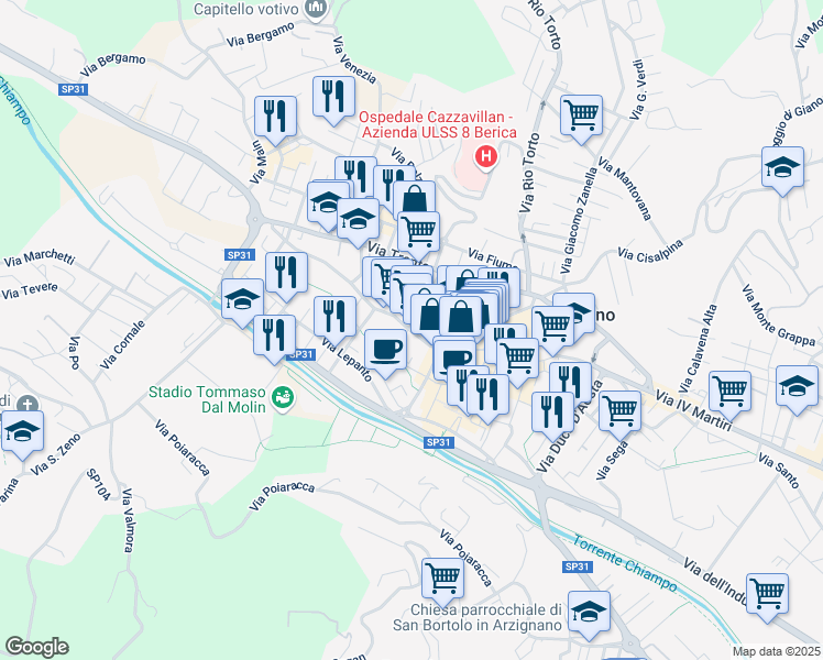 map of restaurants, bars, coffee shops, grocery stores, and more near 19 Via Trieste in Arzignano