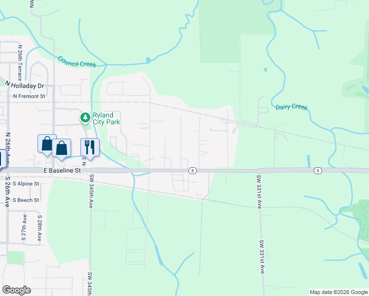 map of restaurants, bars, coffee shops, grocery stores, and more near 190 Northwest 338th Avenue in Hillsboro