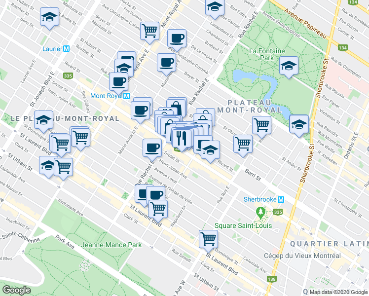 map of restaurants, bars, coffee shops, grocery stores, and more near 4107 A Rue Saint-Denis in Montréal