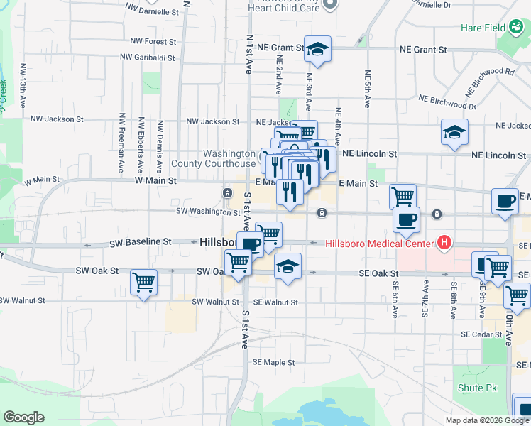 map of restaurants, bars, coffee shops, grocery stores, and more near 151 Southeast 2nd Avenue in Hillsboro