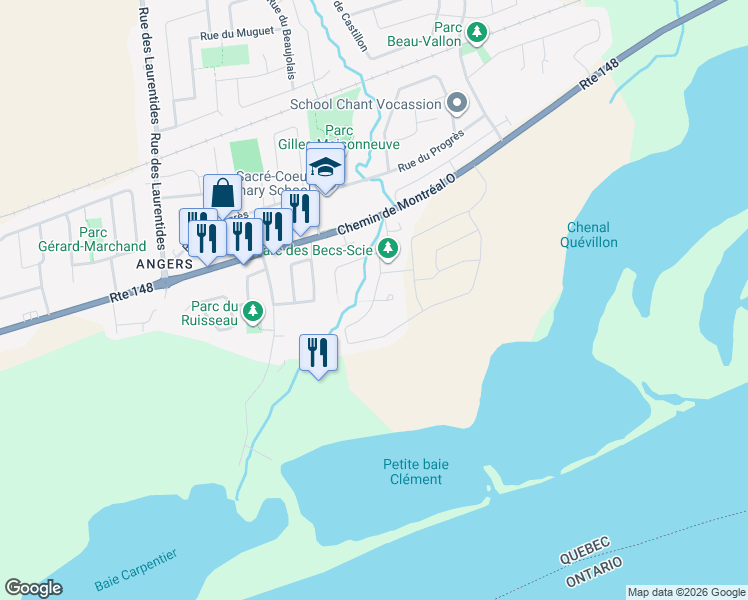map of restaurants, bars, coffee shops, grocery stores, and more near 317 Rue des Becs-Scie in Gatineau