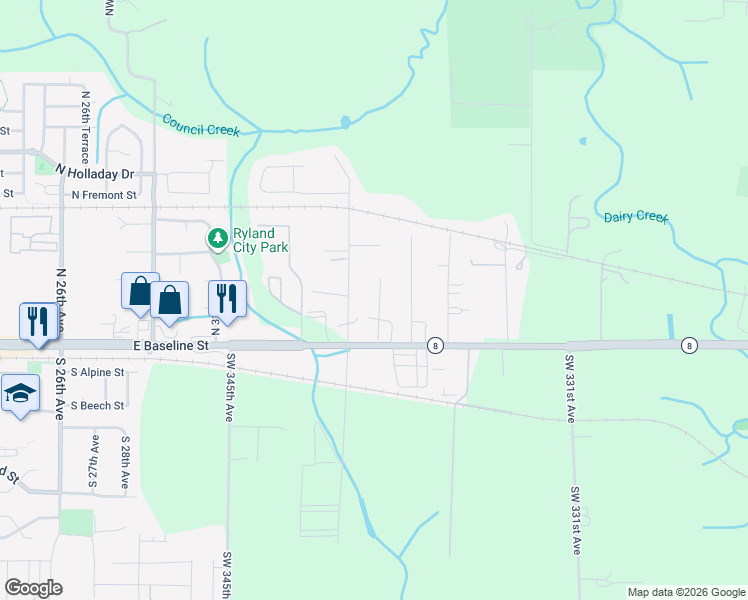 map of restaurants, bars, coffee shops, grocery stores, and more near 129 North 35th Place in Hillsboro