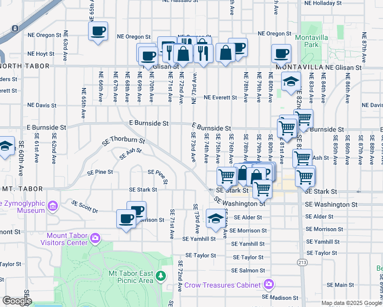 map of restaurants, bars, coffee shops, grocery stores, and more near 145 Southeast 73rd Avenue in Portland