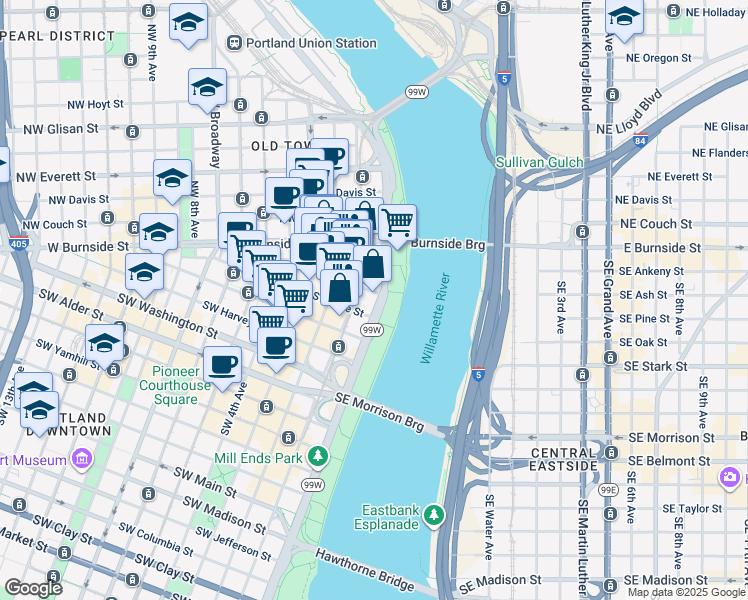 map of restaurants, bars, coffee shops, grocery stores, and more near 111 Southwest Ash Street in Portland