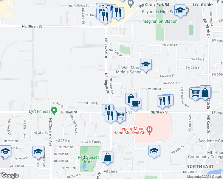 map of restaurants, bars, coffee shops, grocery stores, and more near 3409 Northeast View Street in Gresham