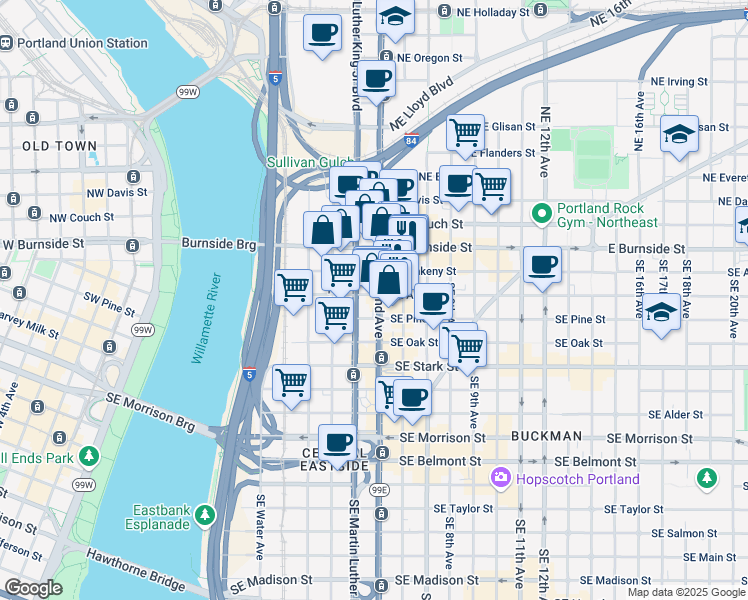 map of restaurants, bars, coffee shops, grocery stores, and more near 107 Southeast Grand Avenue in Portland