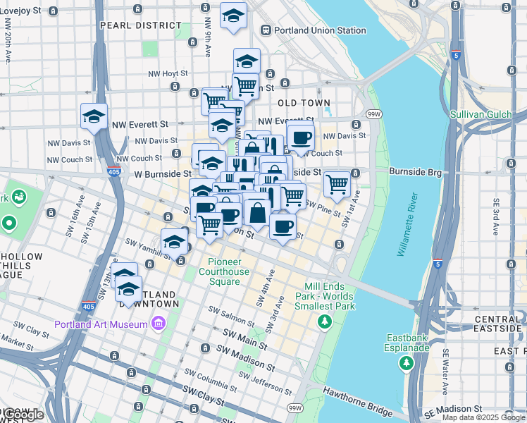 map of restaurants, bars, coffee shops, grocery stores, and more near 300 Southwest 6th Avenue in Portland