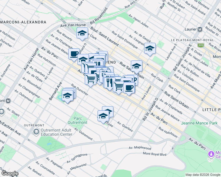 map of restaurants, bars, coffee shops, grocery stores, and more near 5309 Avenue du Parc in Montréal