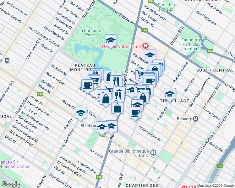map of restaurants, bars, coffee shops, grocery stores, and more near 980 Rue Cherrier in Montréal
