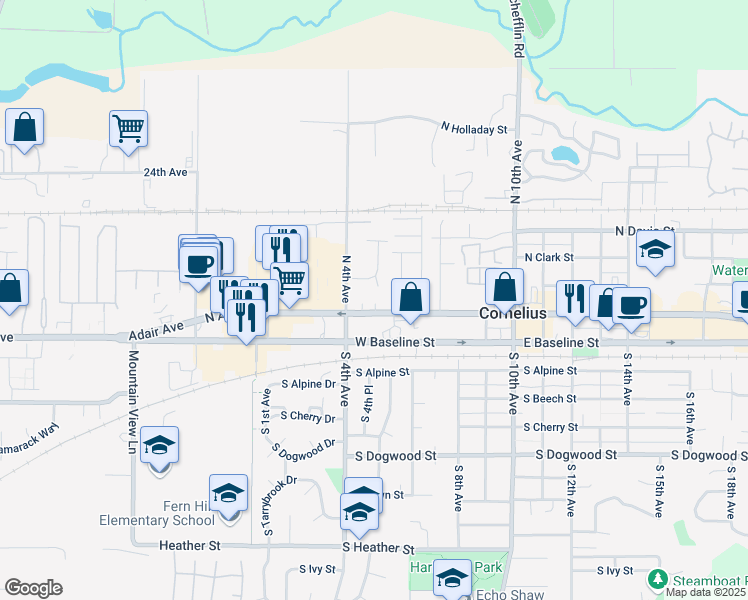 map of restaurants, bars, coffee shops, grocery stores, and more near 453 North Barlow Court in Cornelius