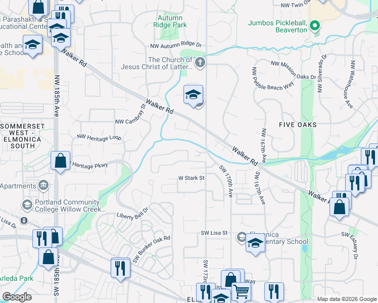 map of restaurants, bars, coffee shops, grocery stores, and more near 17736 Northwest Shady Fir Loop in Beaverton