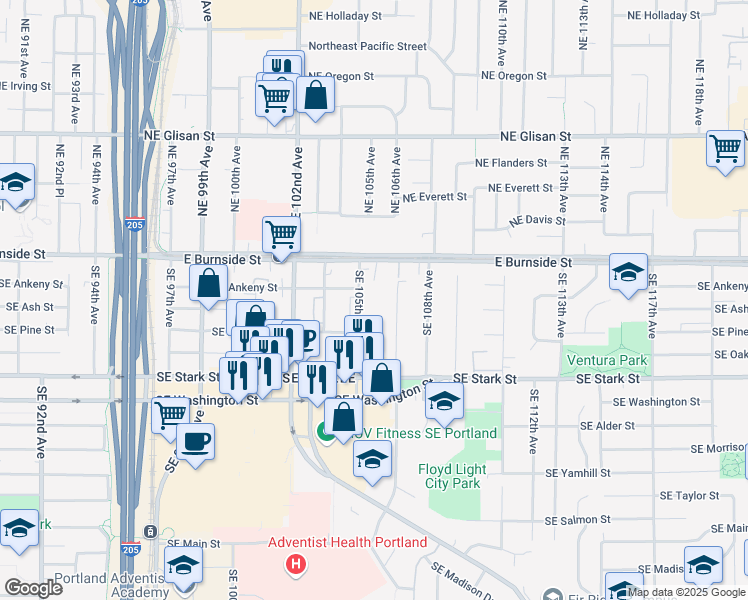 map of restaurants, bars, coffee shops, grocery stores, and more near 130 Southeast 105th Avenue in Portland