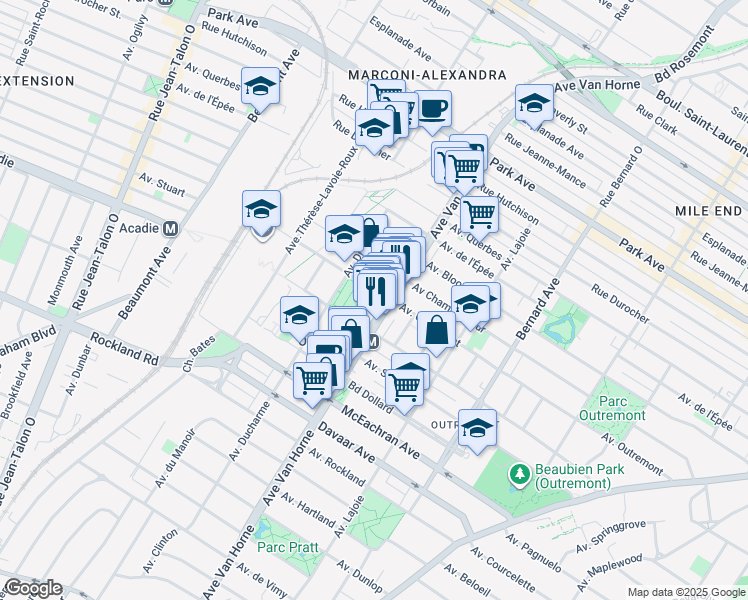 map of restaurants, bars, coffee shops, grocery stores, and more near 828 Avenue Outremont in Montréal