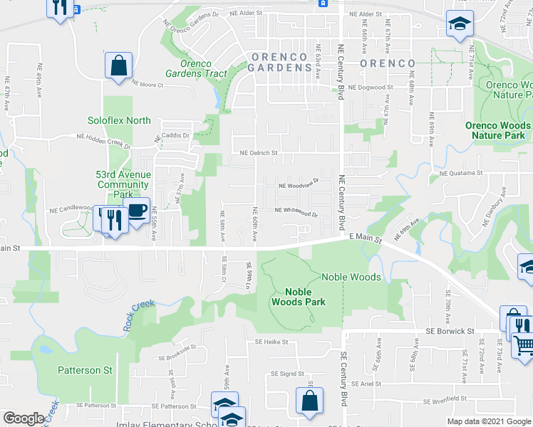 map of restaurants, bars, coffee shops, grocery stores, and more near 6042 Northeast Whitewood Drive in Hillsboro