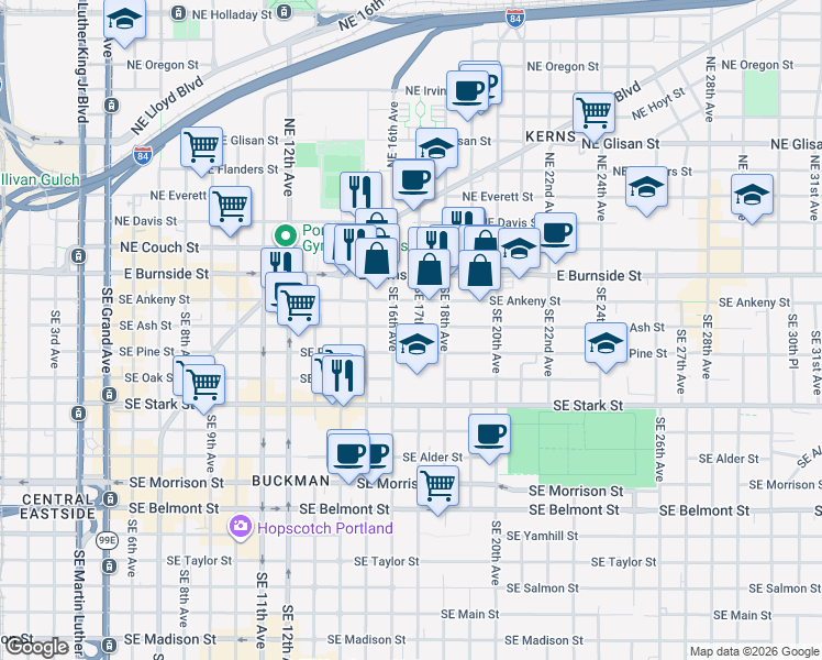 map of restaurants, bars, coffee shops, grocery stores, and more near 1640 Southeast Ash Street in Portland